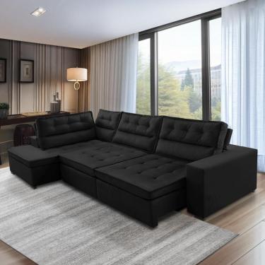 Imagem de Sofá de Canto Retrátil e Reclinável com Molas 3,40x2,00 Esq Virginia Suede Preto Adonai Estofados