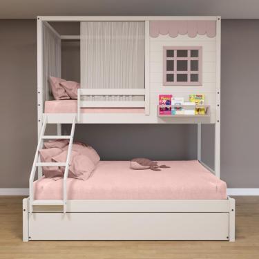 Imagem de Treliche Casinha Reta Casal/ Solteiro Com Cortina Madeira Maciça Branco/ Rosa Housin