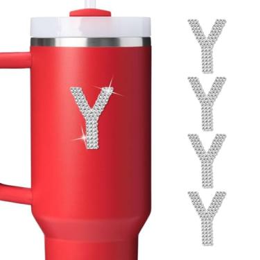 Imagem de LUHOHI 4 peças de adesivos com letras iniciais de strass brilhante - Grande glitter alfabeto personalizado nome monograma decalques brilhantes para copo Stanley garrafas de água graduação boné bagagem