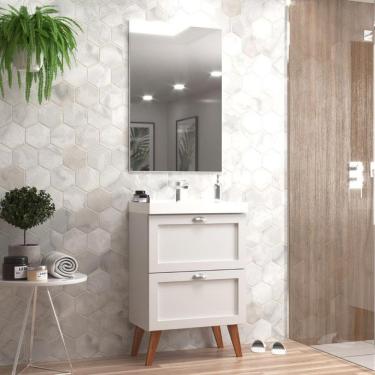 Imagem de Gabinete Para Banheiro Com Cuba E Espelho 60cm Retro Mdf Branco Milano - On Móveis