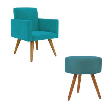 Imagem de Kit Poltrona Decorativa Pés PalitoPuff Redondo Sala Cor:azul Turquesa
