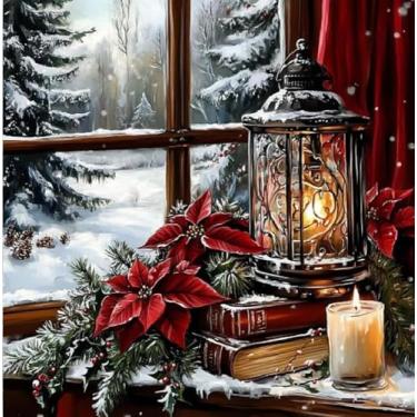 Imagem de Tiwabb Kits de ponto cruz estampado de Natal, vela de lanterna, janela, neve, paisagem, faça você mesmo, kits de enfeites de ponto de cruz para adultos iniciantes, kits de bordado contados para