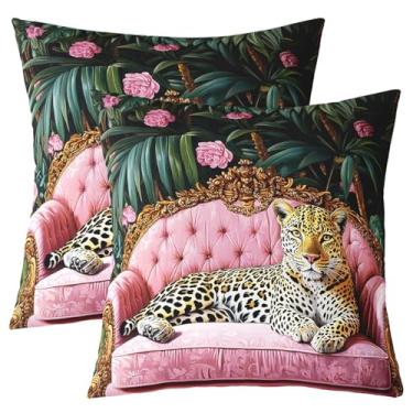 Imagem de jejeloiu Capas de almofada de leopardo 45,72 cm x 45,72 cm Conjunto de 2 capas de almofada macias de luxo para a vida selvagem, folhas tropicais, decoração temática da natureza, fronhas decorativas