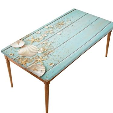 Imagem de Toalha de mesa retangular azul-petróleo litorânea de 1,5 m, toalha de mesa retangular com borda elástica, toalhas de mesa para uso ao ar livre, para cozinha, jantar, festa, piquenique, decoração de