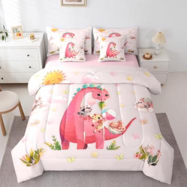 Imagem de Feelyou Jogo de cama solteiro com estampa de dinossauro, 7 peças, desenho animado, dinossauro, para crianças, meninos, meninas, dinossauros, com edredom, lençóis, fronhas, fronhas e borboletas