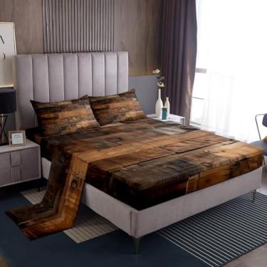 Imagem de Feelyou Jogo de lençol queen vintage com prancha de madeira, casa de fazenda ocidental, retrô, rústico, de madeira, estampa de porta de celeiro, lençol com elástico para decoração de quarto