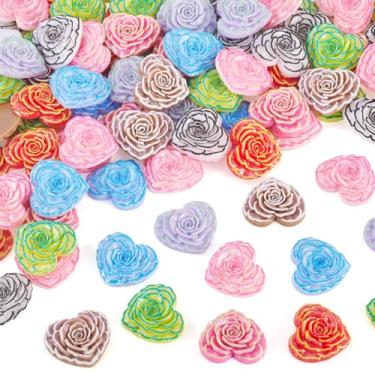 Imagem de Craftdady Cabochão de resina de flor rosa 100 peças mini 3D coração flor flatback cabochão com glitter em pó cor aleatória decoração floral para scrapbooking artesanato DIY decorações de casamento