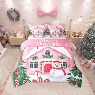 Imagem de Erosebridal Conjunto de cama de casal rosa de Natal, 7 peças, conjunto de edredom com lençóis, cama de Papai Noel com desenho animado de Papai Noel em uma bolsa para quarto de crianças, meninas