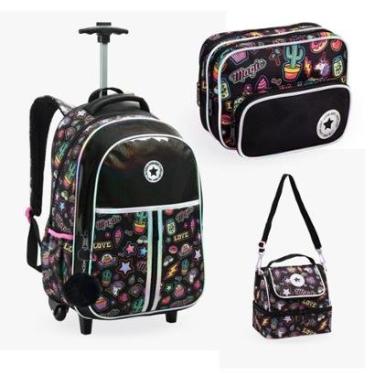Imagem de Kit Mochila De Rodinhas Juvenil Escolar Com Lancheira E Estojo Love-Unissex