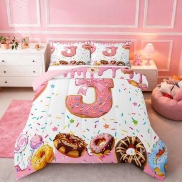 Imagem de Erosebridal Conjunto de edredom Queen com laço rosa personalizado, alfabeto J, conjunto de cama para crianças, fofo, sonho, doce, doce, colcha de borboleta, nó de princesa, monograma, letra J