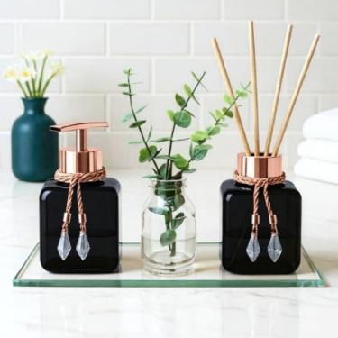 Imagem de Kit Aromatizador de Ambiente 300ml com Saboneteira Líquida e Bandeja Decorativa para Lavabo Completo(Preto com Rose)