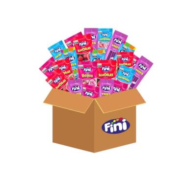Imagem de Fini Kit Sortido com 60 Pacotes, Balas de Gelatina, Tubes Twister, Mini Dentaduras, Beijos de Morango, Amoras, Tubes Uva, 15g Cada