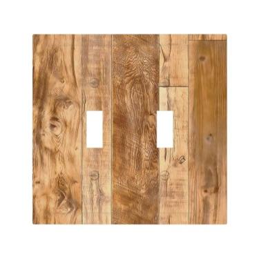 Imagem de Naiqadnehz Capas decorativas de placa de interruptor de madeira rústica textura de madeira natural 2 gangues interruptor de luz dupla placa de tomada elétrica para decoração de casa de fazenda