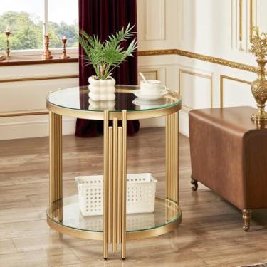 Imagem de Mesa lateral redonda, mesa de canto dourada luxuosa de 2 andares, mesas laterais de vidro temperado transparente para sala de estar, mesa de centro estética moderna, mesas de canto pequenas para sofá