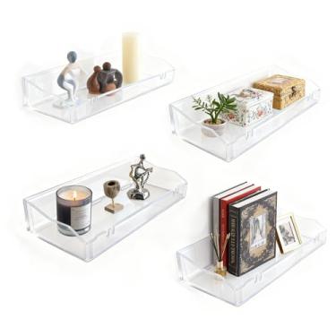 Imagem de Prateleiras flutuantes transparentes, prateleiras de parede para organizadores e armazenamento de banheiro, prateleira ou parafusos adesivos de instalação bidirecional de cozinha, borda resistente