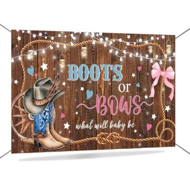 Imagem de Mocsicka Botas ou laços, faixa de fundo para revelação de gênero rústico, madeira, marrom, caubói ocidental, decorações reveladoras de gênero, adereços de cabine de fotos de festa 179,8 x 110 cm