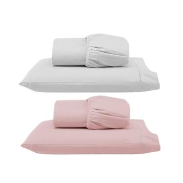 Imagem de Kit 2 Jogos de Lençol Solteiro com Elástico e Fronha Bordada em Ponto Palito, 4 Peças em Micropercal 300 Fios 100% Poliéster (2 Jogos Solteiro Versat (Branco e Rosê))