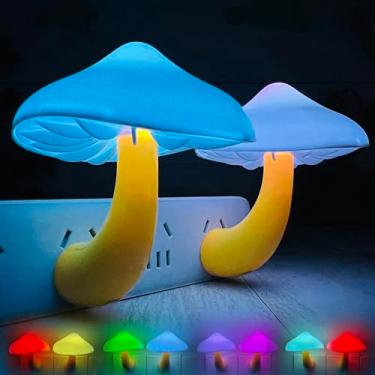 Imagem de Sensor de luz noturna de cogumelo LED – Pacote com 2 lâmpadas plug-in de parede com 7 cores que mudam de cor, mini cama de sonho, linda luz noturna colorida para quarto, banheiro, escadas, corredor