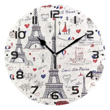 Imagem de JUZIHAI Relógio de parede da Torre Eiffel de Paris, silencioso, redondo, sem tique-taque, operado por bateria, fácil de ler, relógio decorativo de parede para casa, cozinha, sala de estar, quarto