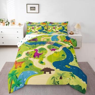 Imagem de Feelyou Conjunto de edredom solteiro de dinossauro, aventura, na selva, para crianças, meninos, meninas, rio, vulcão, edredom infantil, temática de dinossauros, 2 peças com 1 fronha