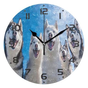 Imagem de JUZIHAI Husky Dogs Relógio de parede silencioso, redondo, sem tique-taque, operado por bateria, fácil de ler, relógio decorativo de parede para casa, cozinha, sala de estar, quarto, escritório, 25 cm