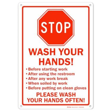 Imagem de Brimar - 17,8 cm x 25,4 cm - Placa Stop Wash Your Hands - Plástico de polietileno - Texto e símbolos em negrito - Fácil instalação