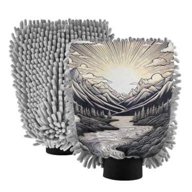 Imagem de ODAWA Luvas duráveis de microfibra para lavagem de carro, pacote com 2, desenho do rio das montanhas, 18 cm C x 26 cm L