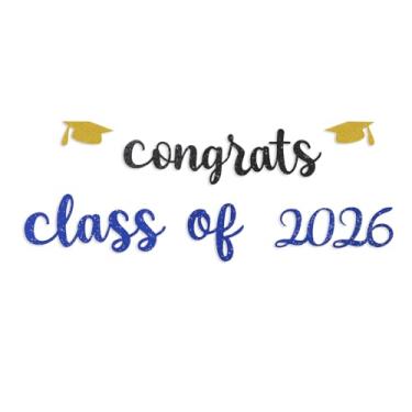Imagem de TONIFUL Banner azul marinho Congrats 2026, placa de graduação para pano de fundo, placa de feltro com glitter - inclui cola de pontos - perfeita para decorações de formatura de 2026, decoração de