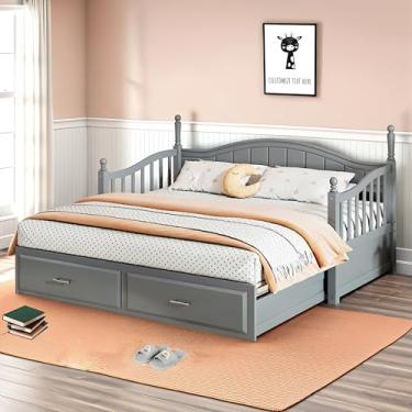 Imagem de Sofá-cama de solteiro de madeira elegante com rodízio de tamanho duplo, estrutura de cama extensível com duas gavetas de armazenamento, sem necessidade de mola de caixa, resistente a arranhões