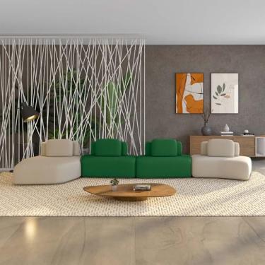 Imagem de Sofá Ilha Sala de Estar Dakota 4 Módulos 626cm Encostos Almofadas Soltas Veludo Bege/Verde G33 - Gran Belo