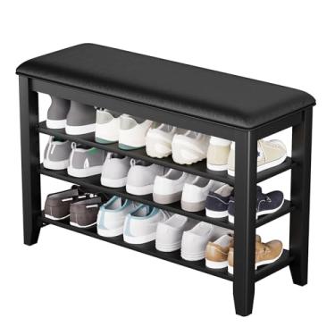 Imagem de Banco de armazenamento de sapatos de entrada com almofada de couro, banco organizador de sapatos para entrada, ideal para corredores, portas de entrada, mudrooms com madeira de seringueira e 3