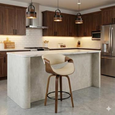 Imagem de Banqueta Alta Madeira Luxo Premium Para Cozinha Bancada Base Fixa e Assento Giratório com Apoio de Pés Circular Assento Estofado Nicole Creme