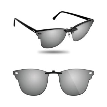 Imagem de Fiskr Óculos de sol polarizados Clip-On para Ray-Ban Clubmaster RB3016 (tamanho 51-21) - Proteção UV - Ajuste universal - Não abre, Prata metálica, 51mm
