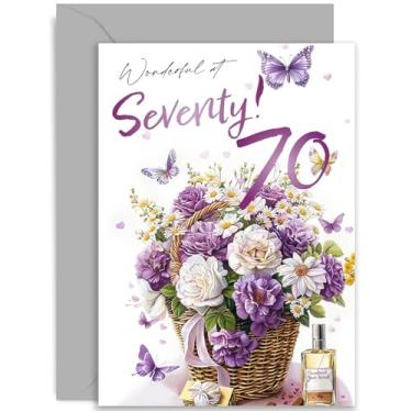 Imagem de Cartão de aniversário de 70 anos para amiga - Cartão de aniversário "Wonderful at Seventy" para mulher - Borboleta roxa e buquê de flores presente de aniversário para ela - Cartão de aniversário