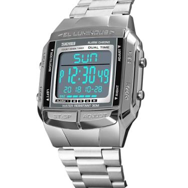 Imagem de ZJchao 1381 Relógio Digital Analógico Masculino Moda Casual Esportivo Relógio de Pulso Dual Time 5 Alarme 3ATM à Prova D'água Pulseira de Aço Inoxidável Retroiluminação Relógios (Prata)