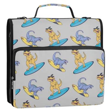 Imagem de Fichários de 3 anéis com 3 anéis de 3,8 cm para prancha de surfe de desenho animado Rex engraçado, organizador de fichários escolares com alça de ombro, capa de portfólio de armazenamento de desenhos