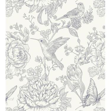 Imagem de Safiyya Papel de parede azul branco para contato borboleta pássaros florais 44 x 500 cm papel de parede vintage autoadesivo removível para quarto, banheiro, lavanderia, fazenda vinil