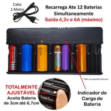 Imagem de Carregador Super Rapido Bateria 26650, 18650, 14500, 16340 12 Slots Bi