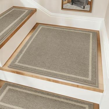 Imagem de COSY HOMEER Tapete de aterrissagem de escada 76 x 76 cm, tapete de pouso quadrado antiderrapante para degraus de madeira internos, poliéster lavável com suporte TPE, bege