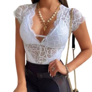 Imagem de Body Renda Decotado Manga Curta Rendado Bojo Guipir - Swisz, P, Branco