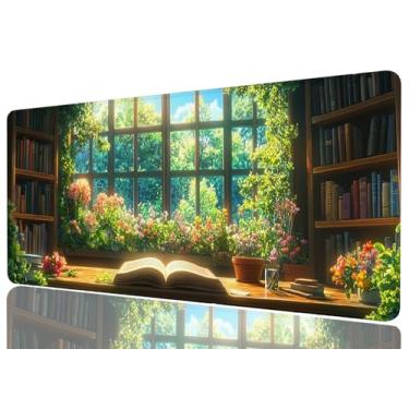 Imagem de Tapete de rato para livro, árvores verdes, plantas, estantes de livros, flores coloridas, GG, tapete de rato, tapete de rato para computador portátil, grande, tapete de teclado de computador portátil