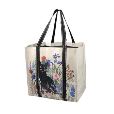Imagem de BeeGreen 1 pacote de sacolas de compras grandes reutilizáveis para gatos com fundo rígido - sacolas de compras fofas e dobráveis resistentes para compras, praia e viagens, bolsa de armazenamento