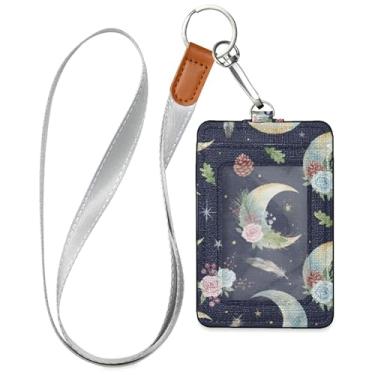 Imagem de Burbuja Porta-crachá de couro com cordão, etiqueta de identificação de flores da lua com 1 janela transparente para identidade e 2 compartimentos para cartão para escritório, enfermeira, professor