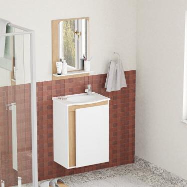 Imagem de Kit para Banheiro em Madeira com Lavatório e Espelheira Begônia Branco