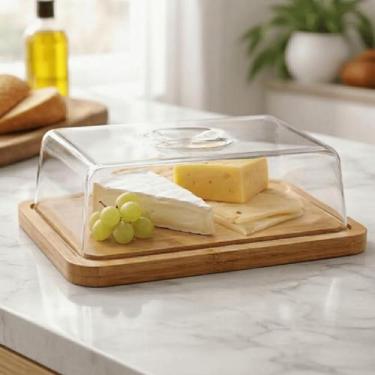 Imagem de Queijeira Tábua Porta Frios de Madeira Natural com Cúpula em Acrílico 