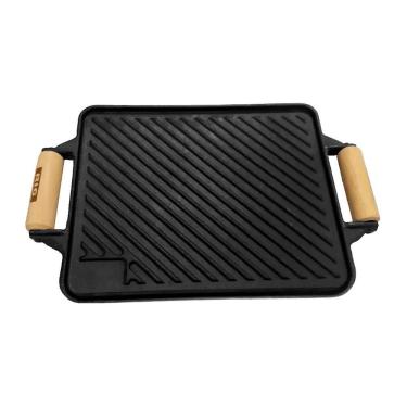 Imagem de Chapa Bifeteira Dupla Face de Ferro com Alça de Madeira 23x28cm para Fogão e Churrasqueira Rig Fundidos