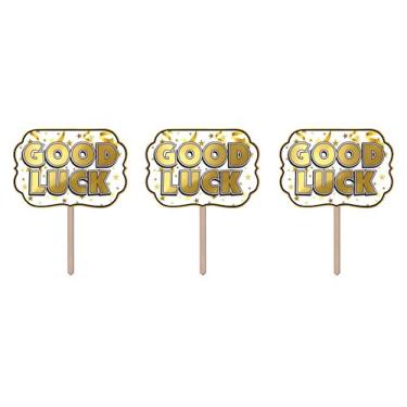 Imagem de Beistle 3 Piece Durable Foil Cardstock Good Luck Yard Signs with Wooden Stakes Going Away and Office Work Party Supplies - Retirement/College Outdoor Lawn Decorations, 24" x 14.5", Gold/White/Black