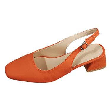 Imagem de Sandálias femininas modernas primavera e verão salto grosso salto médio bico quadrado fivela cor sólida casual e confortável sandálias de salto escuro para mulheres (laranja, 36)