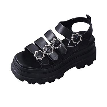 Imagem de Sandálias acolchoadas para mulheres moda verão cor sólida couro combinação cinto fino fivela de metal salto anabela sandálias de sola grossa (preto, 7)