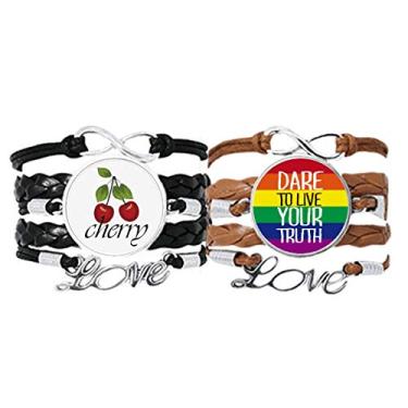 Imagem de DIYthinker Pulseira Live Your Truth LGBT com bandeira do arco-íris, alça de mão, corda de couro, conjunto duplo
